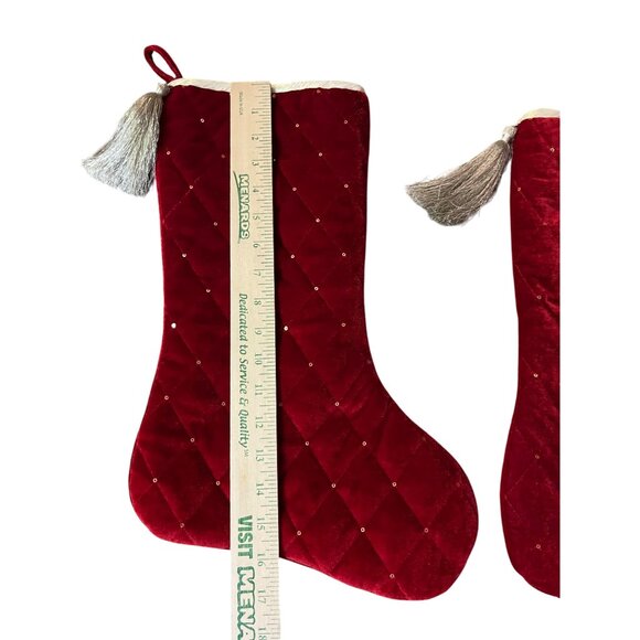 Set of 2 Red Quilted Velvet-Like Christmas Stockings Gold Tassel Holiday Decor - Picture 7 of 10